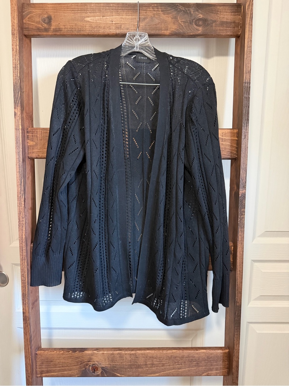 Cyrus Black Open-Front Pointelle Knit Cardigan